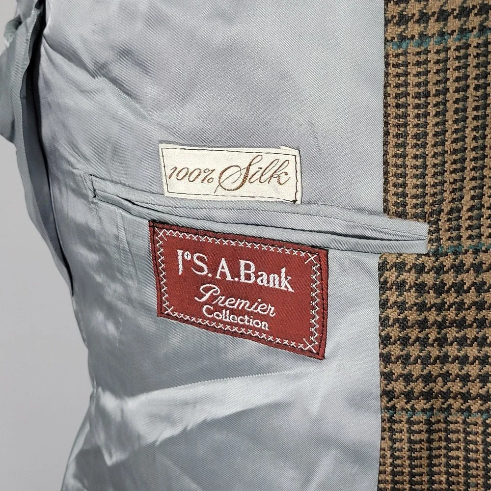 VTG JOS A BANK Men's Sport Coat Blazer Two Button‎ Brown Plaid 100% SILK 44R